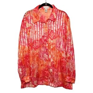 DRAPER'S & DAMON'S Pink Orange Stripe Print Iridescent Long Sleeve Button Top XL